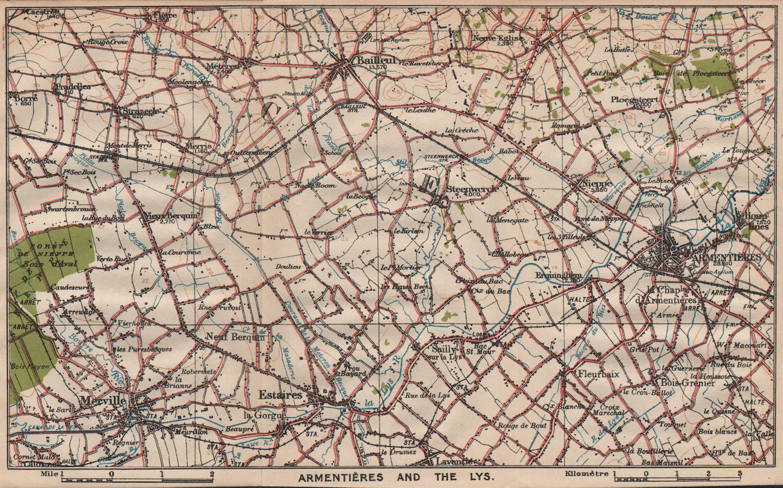 ARMENTIÈRES & LYS RIVER. Vintage map. France Armentieres Bailleul Merville 1920